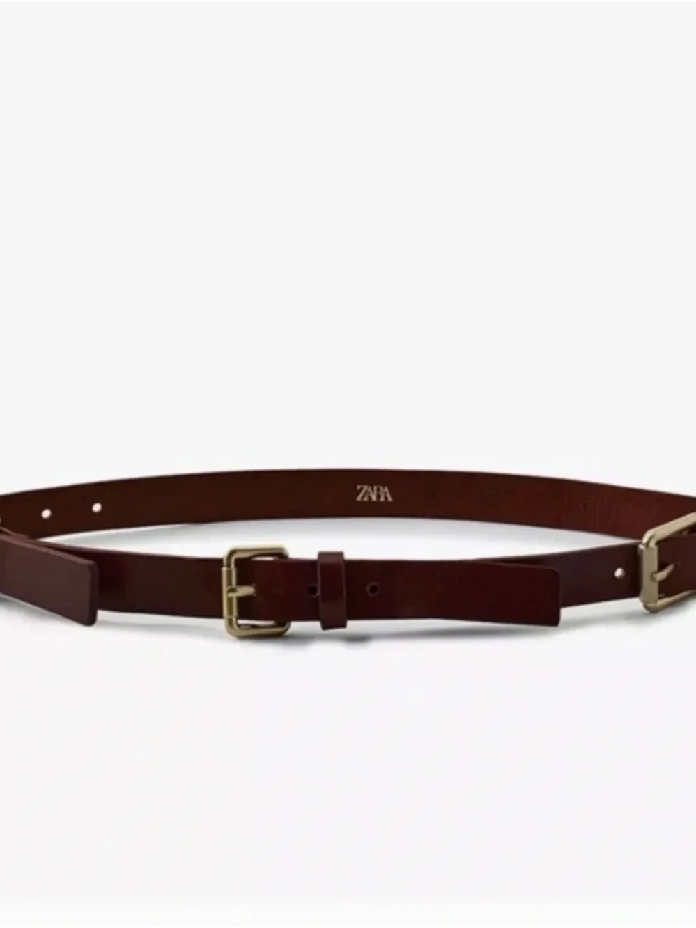 Zara Women’s Dark Brown Leather Double-Buckle Belt with Gold Hardware